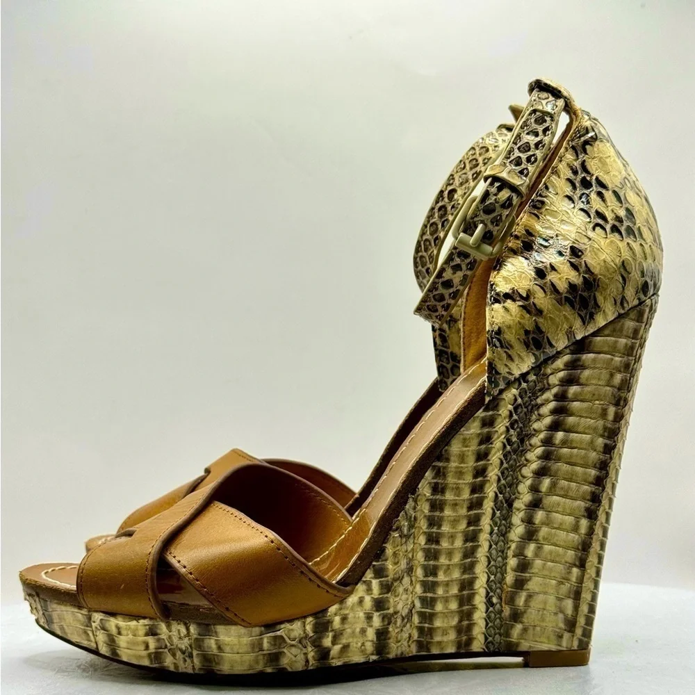 Tory Burch Livia Snakeskin Wedge Sandals‎ Size 8 – Tan Leather Espadrilles